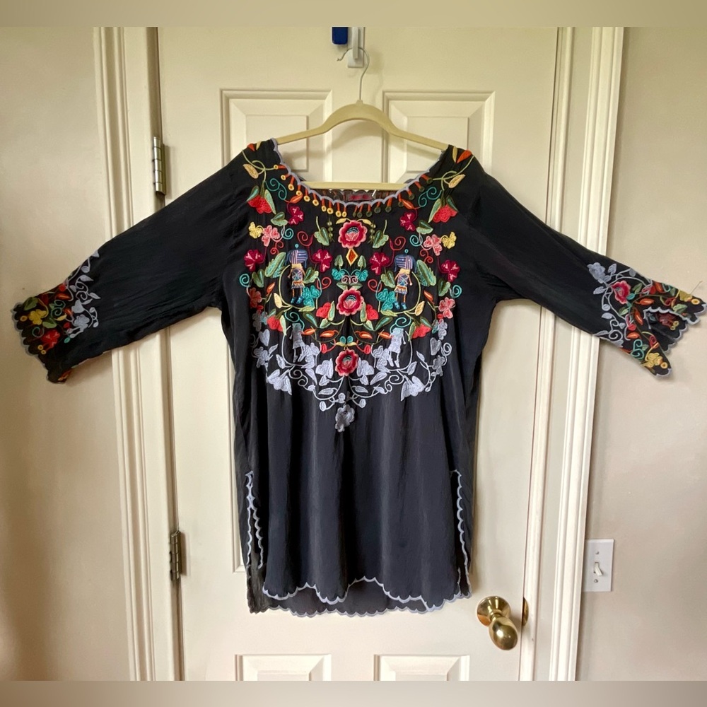 Johnny Was Blue Graphic Embellished Blouse